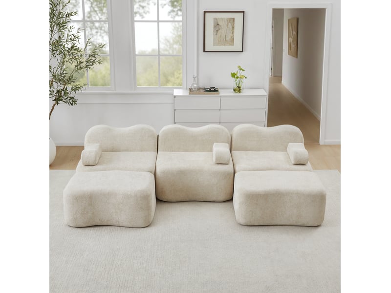  Canapé modulable 3 places en u avec 2 ottomans en velours beige  - Conforama D
