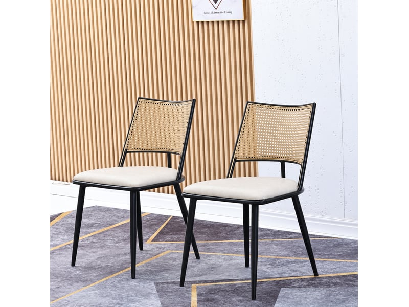  Lot de 4 chaises 50x48x80 cm, dossier en rotin ajouré, structure métallique, noir beige, pu, assise ergonomique, pour salle à manger  - Conforama E