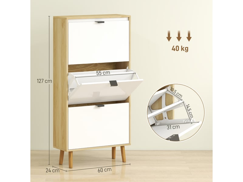  Meuble à chaussures étroit à 3 portes, blanc brillant, étagères réglables, pieds en bois, pour 18 paires de chaussures  - Conforama D