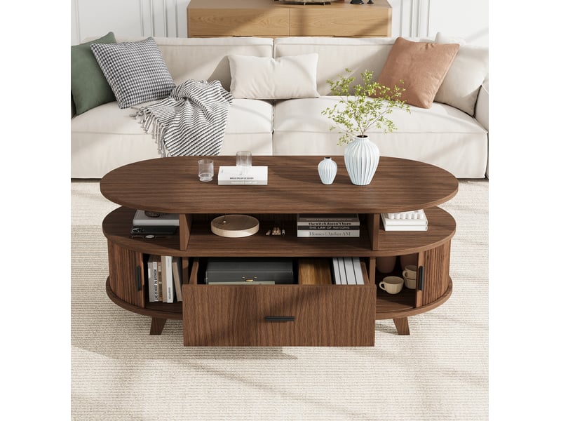 Table basse ovale avec tiroir et rangements, table salon, coloris noyer, 100x50x40 cm - Conforama B