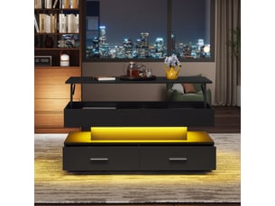 Table basse relevable hydraulique noire 100 × 50 × 44 cm, led, bluetooth, 2 tiroirs