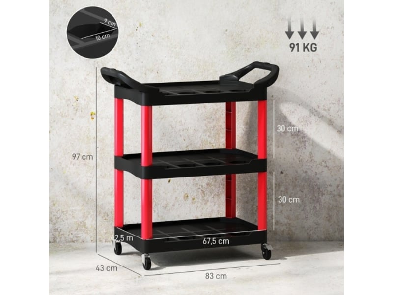  Servante d’atelier mobile 3 niveaux rouge et noire, poignée et crochets, charge max. 91 kg  - Conforama E