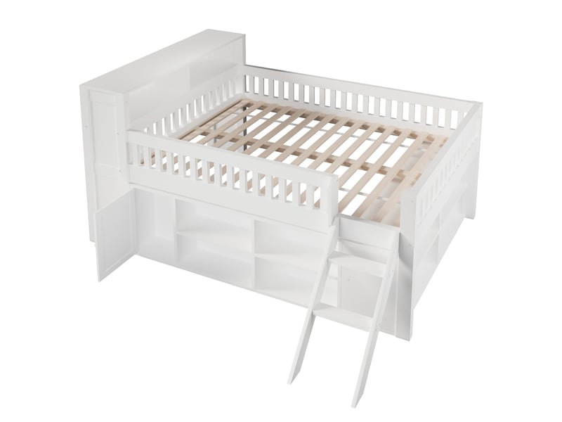  Lit enfant en bois, 140 × 200 cm, lit mezzanine avec éclairage led et espace de rangement, blanc  - Conforama E
