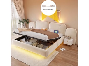 Lit coffre rembourré 180x200 cm, rangement hydraulique, led rgb, 2 modules usb et type-c, tête de lit, velours beige