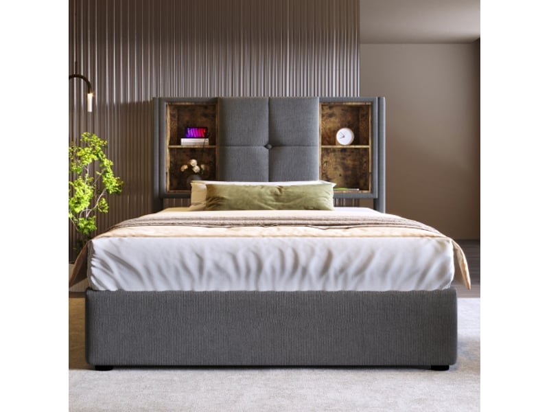  Lit coffre 90x200 cm lit enfant avec recharge sans fil et port usb, en coton gris, sans matelas  - Conforama C