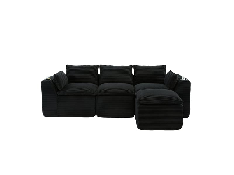  Canapé modulaire 3 places avec pouf en velours côtelé noir  - Conforama A