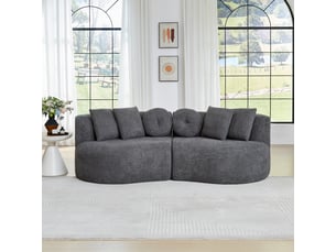 Canapé modulable 2 pièces incurvé en chenille anthracite, dossier continu, 6 coussins, sans accoudoirs