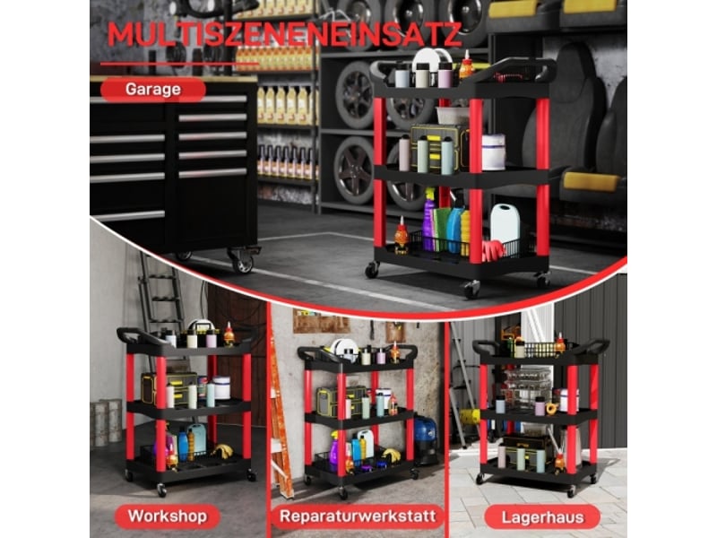  Servante d’atelier mobile 3 niveaux rouge et noire, poignée et crochets, charge max. 91 kg  - Conforama C