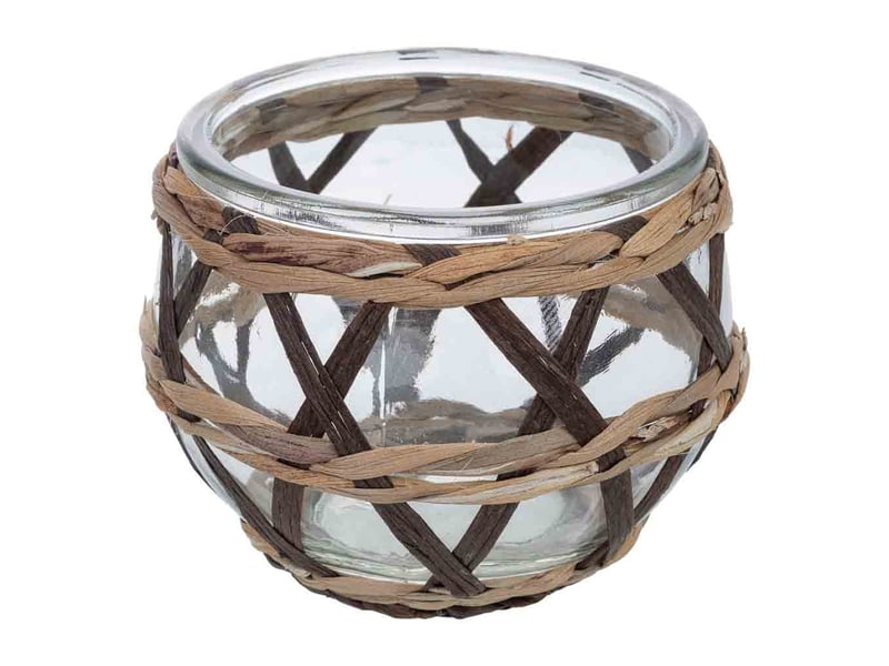 Bougeoir en verre recouvert de fibres naturelles marron, d11x8,5h cm  - Conforama A