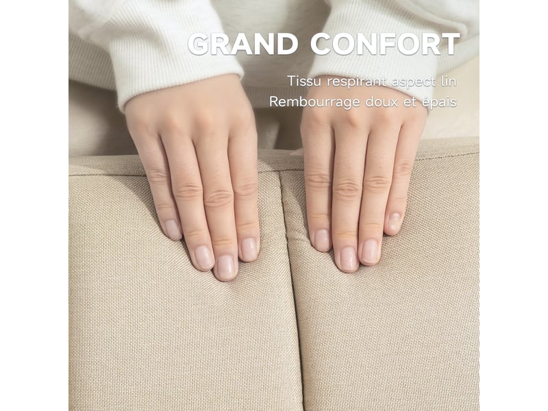 Canapé convertible 2 places design scandinave pieds bois tissu aspect lin beige dossier inclinable 3 positions - Conforama D