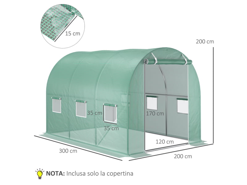  Bâche de serre en polyéthylène avec 6 fenêtres, porte enroulable et bords enterrés, 3 x 2 x 2 m, verte  - Conforama E