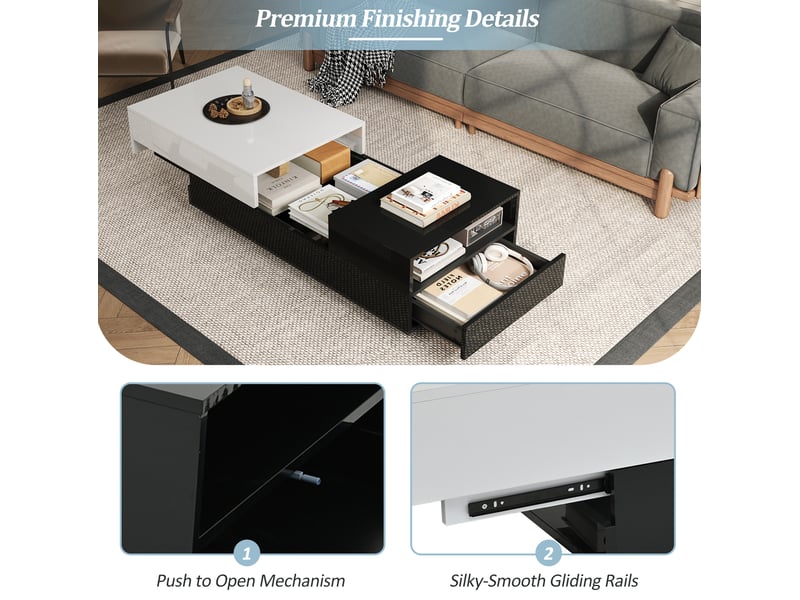  Table basse rectangulaire 100x50x38 cm, 2 tiroirs, plateau coulissant, rangement, panneaux de particules noir et blanc  - Conforama D