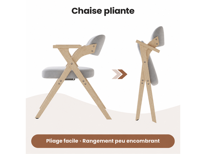  Lot de 2 chaises pliantes avec accoudoirs en bois massif et lin gris, assise rembourrée, style nordique, salle à manger  - Conforama E