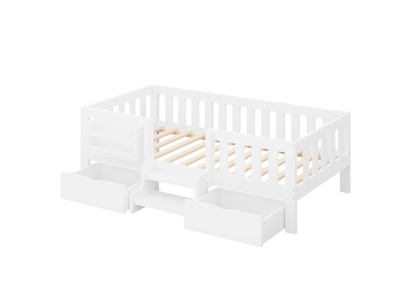 Lit enfant 90x200 cm – avec barrières de sécurité – avec 2 tiroirs – avec marches d'accès – blanc (matelas non inclus) - Conforama W