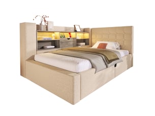 Lit coffre 1 place 90 x 200 cm beige avec tête de lit l, led, ports usb et matelas