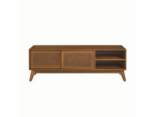 Meuble tv 59'' rotin - style mid-century, compatible tv 65'' - pieds bois massif, portes rotin - finition noyer clair