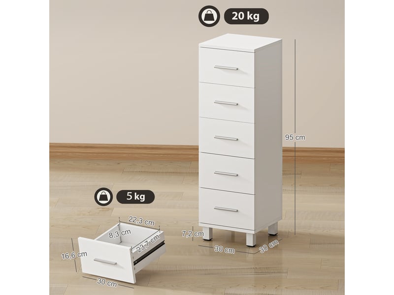  Meuble de salle de bain 5 tiroirs en panneau mélaminé blanc 30 x 30 x 95 cm  - Conforama C