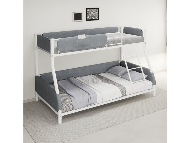  Lit superposé 90x190 et 140x190 cm, poche en lin amovible, barrières rembourrées, fer, blanc ancien, sans matelas  - Conforama B