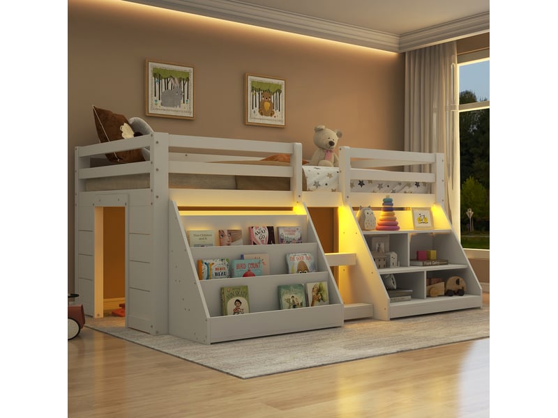  Lit enfant, 90 x 200 cm, led pilotable, échelle, lit mi haut avec rangements, matelas non inclus, pin, coloris blanc  - Conforama D