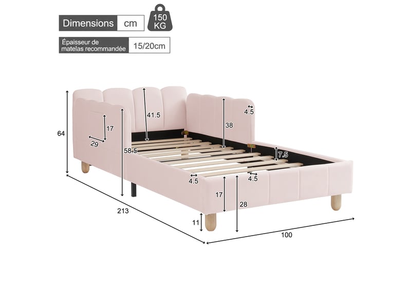  Lit enfant rembourré 90 x 200 cm avec tête de lit capitonnée et garde-corps, pieds en bois massif, velours rose  - Conforama C