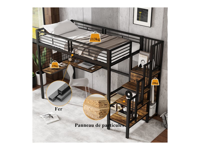  Lit mezzanine 90x200 cm - lit junior en métal avec bureau fonctionnel, armoire de rangement et échelle latérale - sans matelas - noir et bois foncé  - Conforama E