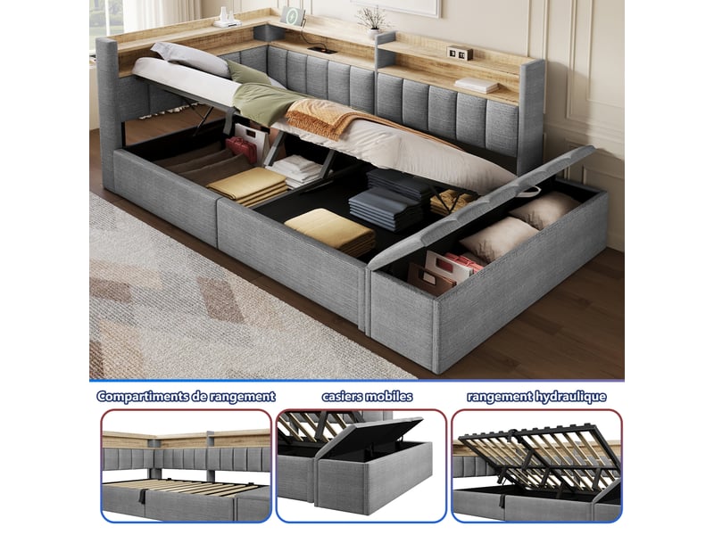  Canapé-lit coffre 90 x 200 cm - avec prise électrique - avec port usb + bande lumineuse led - gris (matelas non inclus)  - Conforama R