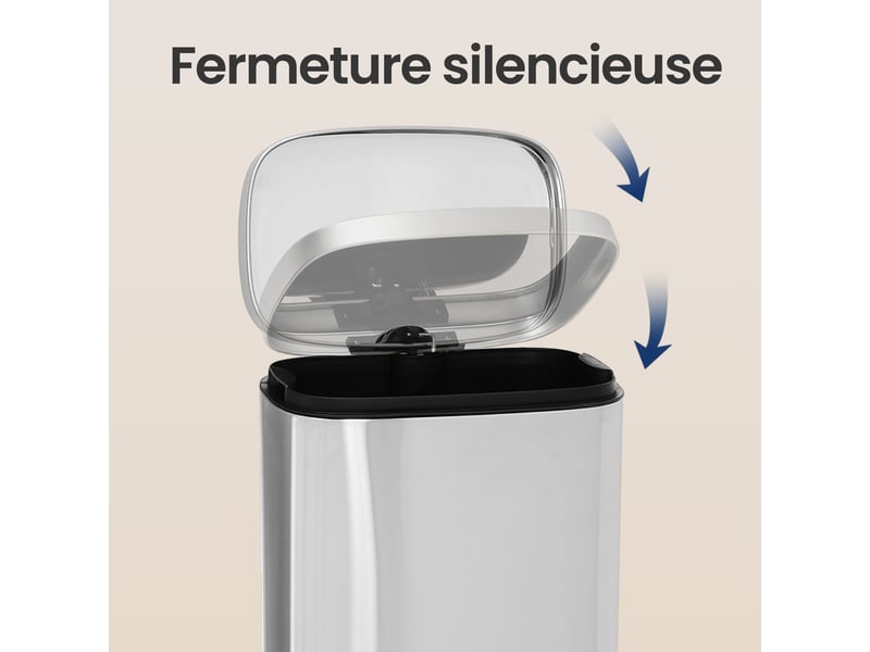  Poubelle de cuisine, 30 litres, poubelle, poubelle à pédale avec couvercle à fermeture douce et seau intérieur, acier, argent  - Conforama E