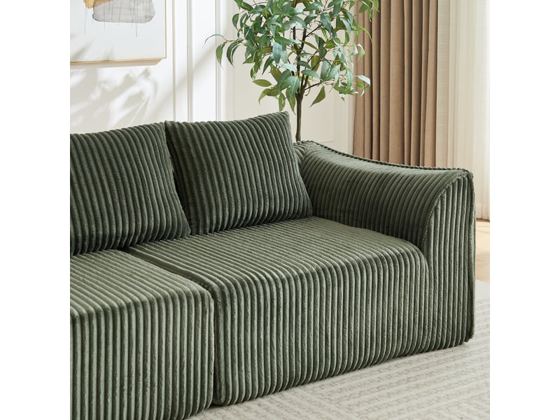 Canapé droit modulaire en velours côtelé vert, canapé 2 places, lignes courbes, avec 2 coussins, sans montage  - Conforama R