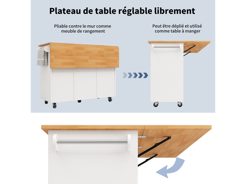  Îlot de cuisine mobile 122 x 46-74.5 x 91.5 cm avec plateau rabattable, 8 tiroirs, étagère réglable et roulettes, blanc  - Conforama E