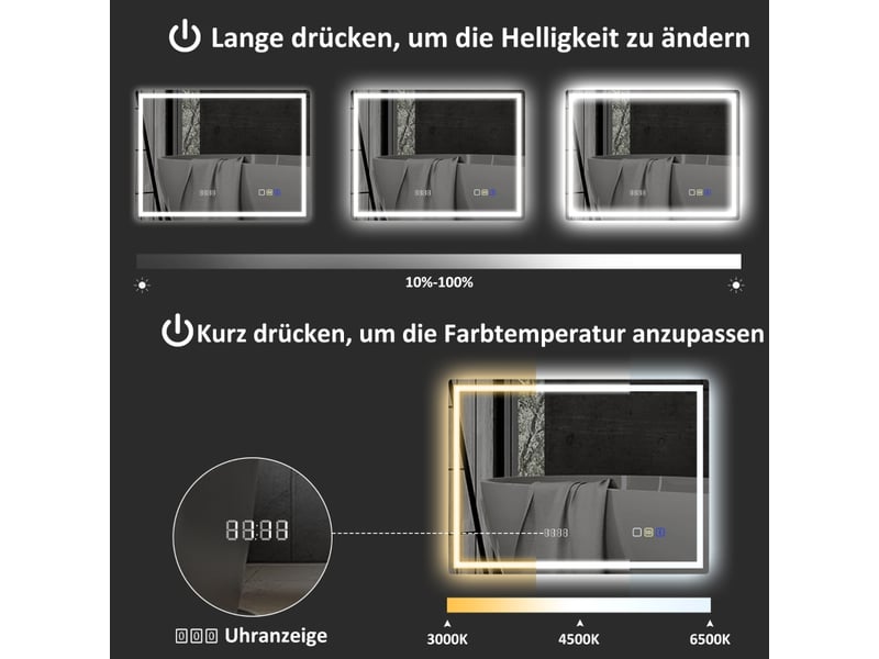 Miroir de salle de bain led 80x60 cm, miroir mural avec enceinte bluetooth et horloge, anti-buée, 3 couleurs réglables, ip44, argent - Conforama R