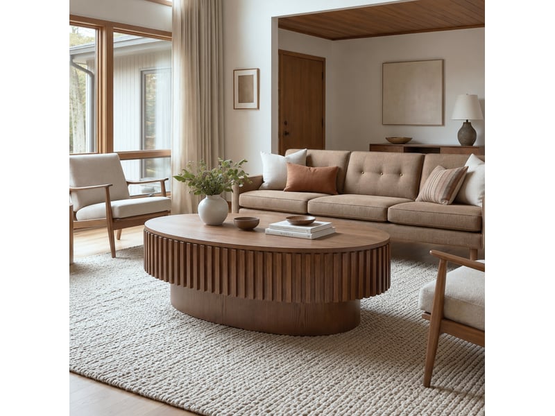  Table basse ovale 105x25x67 cm avec rangement caché, bois et mdf, coloris noyer  - Conforama C