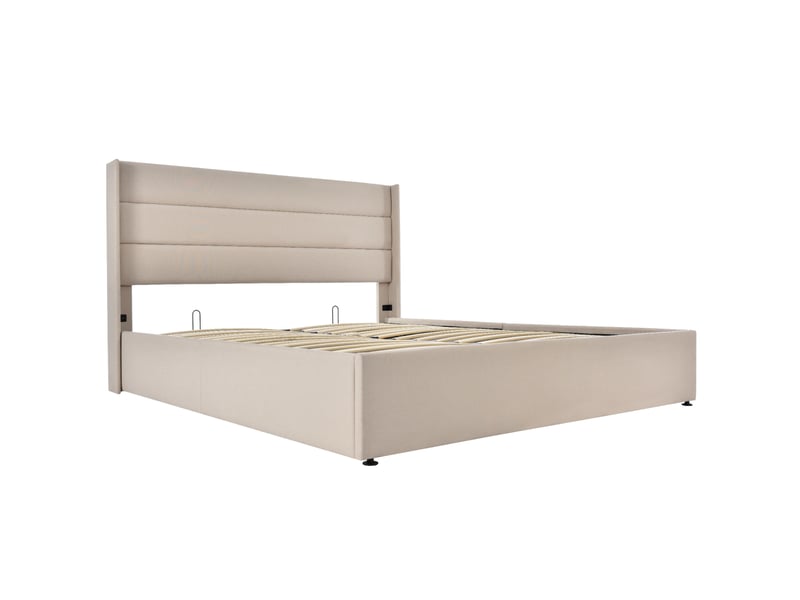  Lit double adulte 160x200 cm, lit coffre hydraulique, tête de lit capitonnée en 3 panneaux, tissu en lin, beige  - Conforama A