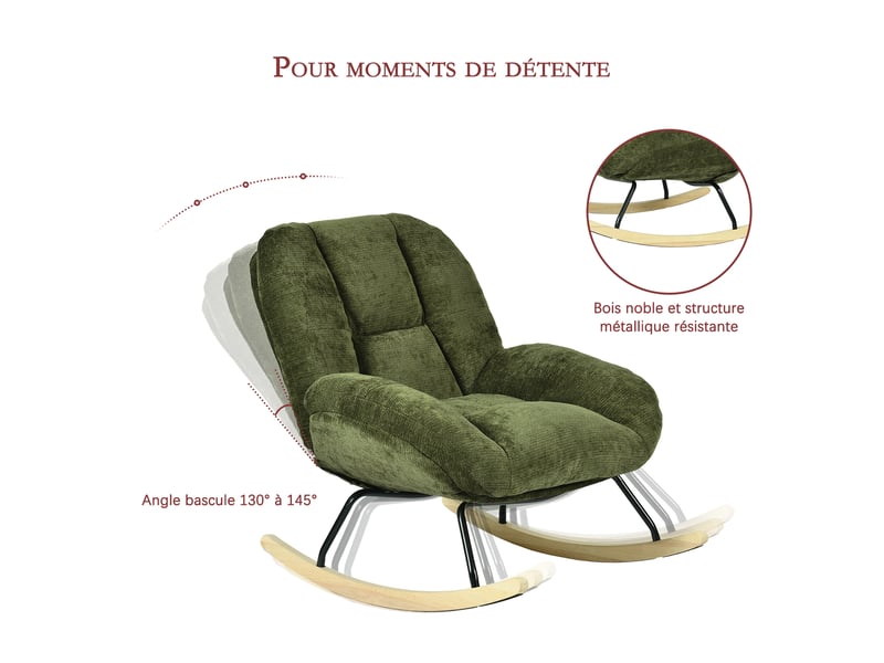  Lot de 2 fauteuil à bascule scandinave, rocking chair en tissu chenille, pieds en bois d’hévéa, vert  - Conforama R