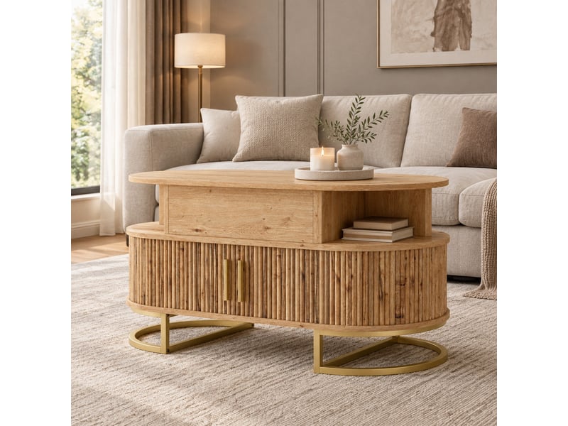  Table basse ovale 100x50x64 cm à plateau relevable avec rangement en mdf coloris naturel  - Conforama B