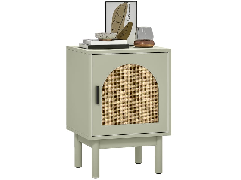  Table de chevet avec porte en rotin, étagère réglable et pieds en bois, style bohème, 40 x 35 x 58 cm, vert clair  - Conforama A