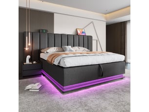 Lit coffre 160 × 200 cm 2 places avec led réglable, usb et type c, sans matelas, en lin gris