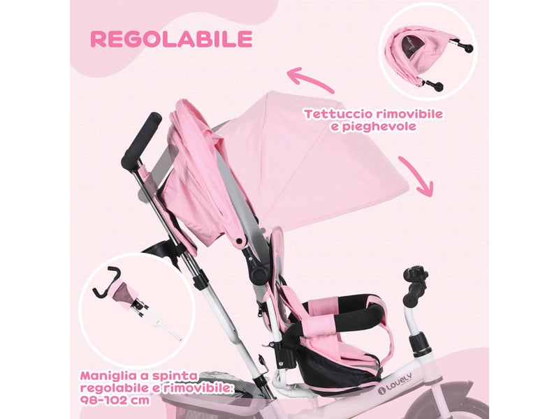  Tricycle pour enfants de 1 à 5 ans avec poignée et capote réglable, 102 x 49 x 102 cm, blanc et rose  - Conforama E