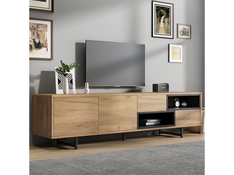  Meuble tv bas 173 cm couleur bois - rangement ouvert et tiroirs - pour écran jusqu'à 70 pouces  - Conforama W