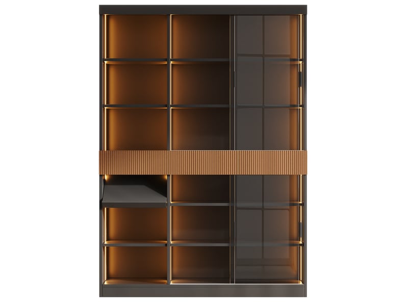  Vitrine 120x28,5x180 cm avec 3 tiroris et éclairage led en mdf couleur noir marron verre gris, design moderne  - Conforama D