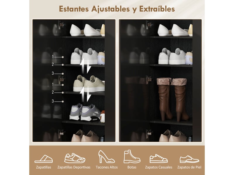 Meuble à chaussures d'entrée avec 2 portes à fermeture douce et étagères réglables pour 20 paires de chaussures, noir brillant - Conforama E