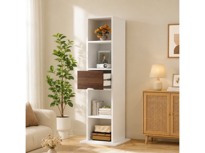  Meuble de rangement pivotant 45x45x168cm blanc - colonne miroir avec étagères ouvertes et tiroir  - Conforama C