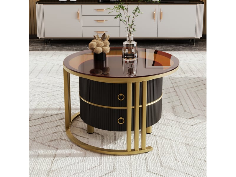  Tables basses gigognes avec 2 tiroirs et 2 plateaux, plateau en verre trempé, finition brillante, pour salon  - Conforama C