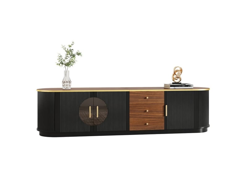 Meuble tv de luxe en verre brun et mdf avec poignées aluminium bords arrondis et rainures verticales - Conforama A