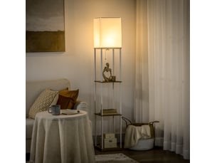 Lampadaire avec 3 niveaux de rangement 26x26x159 cm mdf métal blanc et marron
