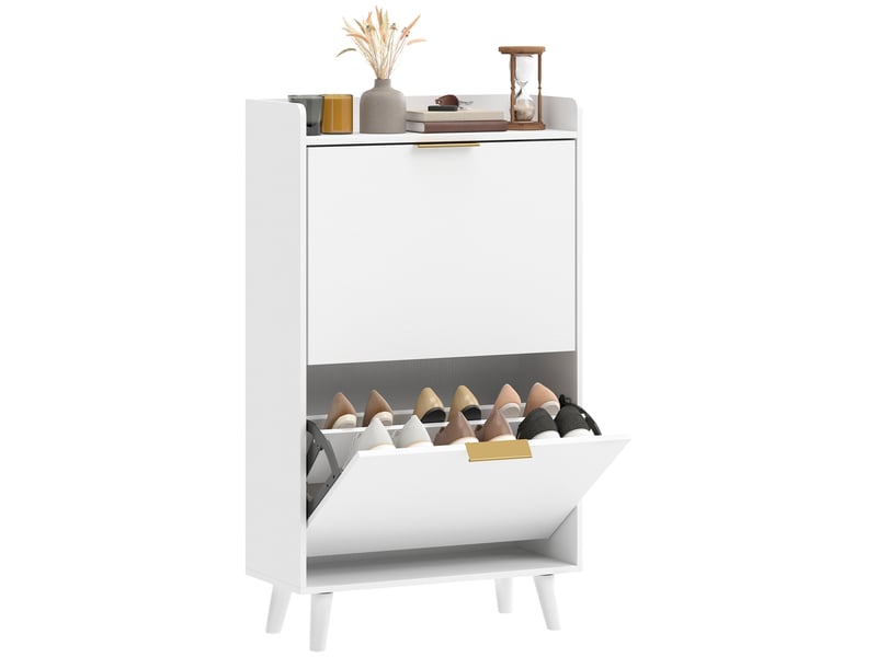  Meuble à chaussures 12 paires, armoire à chaussures étroite avec 2 tiroirs rabattables, étagères réglables, blanc  - Conforama A