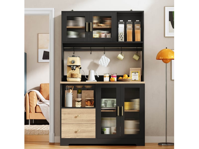 Buffet de cuisine haut 4 portes vitrées, 2 tiroirs, led et prises pour cuisine en mdf noir 110 × 40 × 178 cm - Conforama E