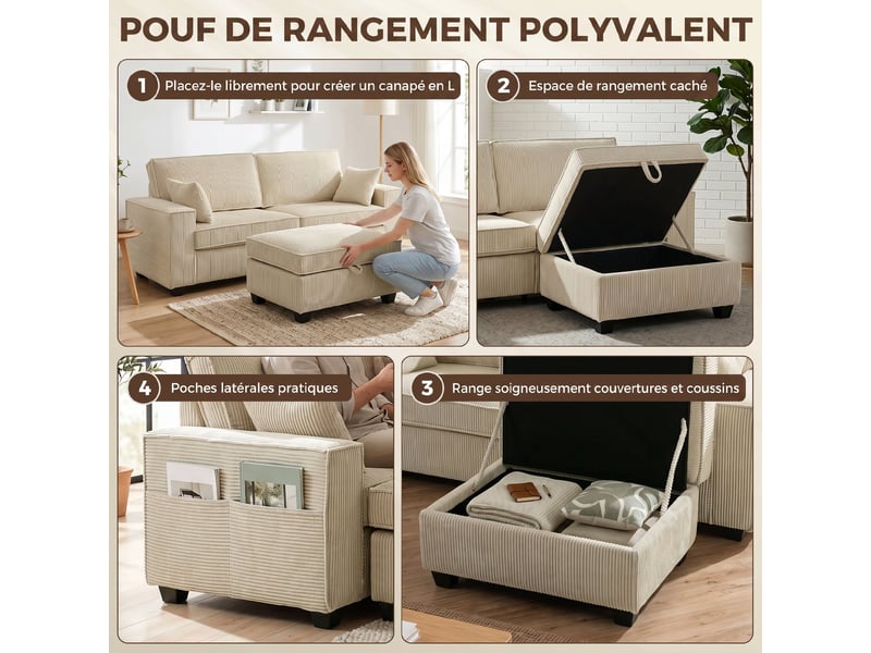  Canapé 3 places avec pouf de rangement, canapé d'angle en velours côtelé, assise large, beige, 2 coussins  - Conforama E