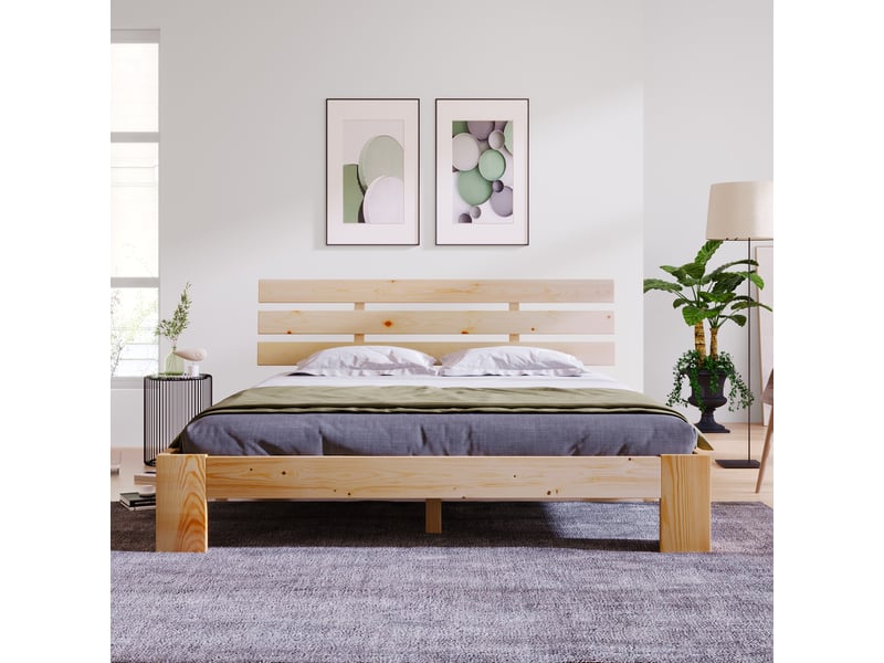  Lit double en bois massif 140x200 cm avec tête de lit, sommier à lattes robuste, cadre de lit en pin, naturelle  - Conforama D