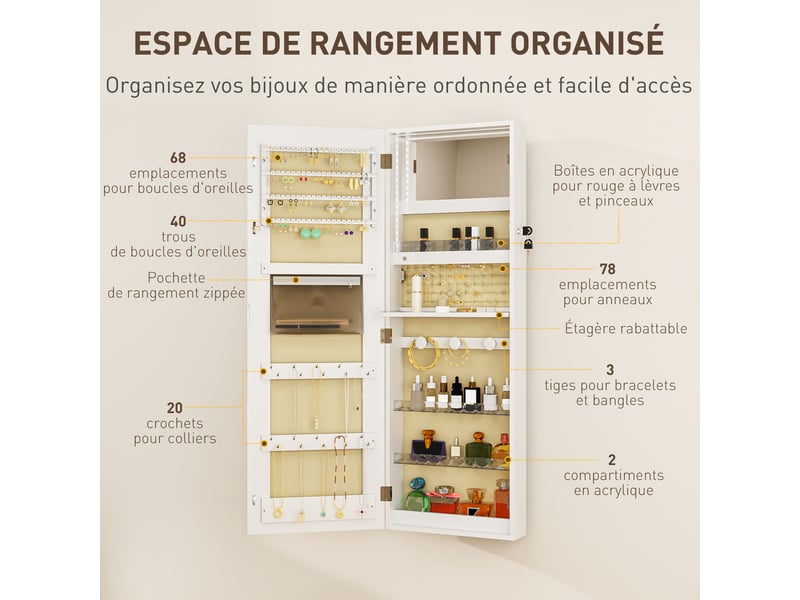  Armoire à bijoux avec led, organisateur de bijoux muralde porte verrouillable avec miroir, blanc, 37 x 10,5 x 108 cm  - Conforama R