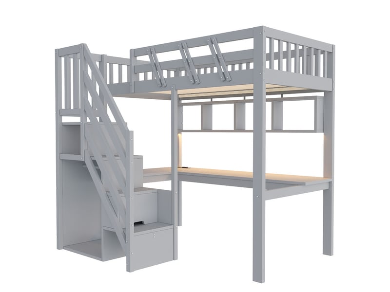  Lit mezzanine,90x200 cm,avec échelle rangement,bureau,led,usb bois,gris  - Conforama A